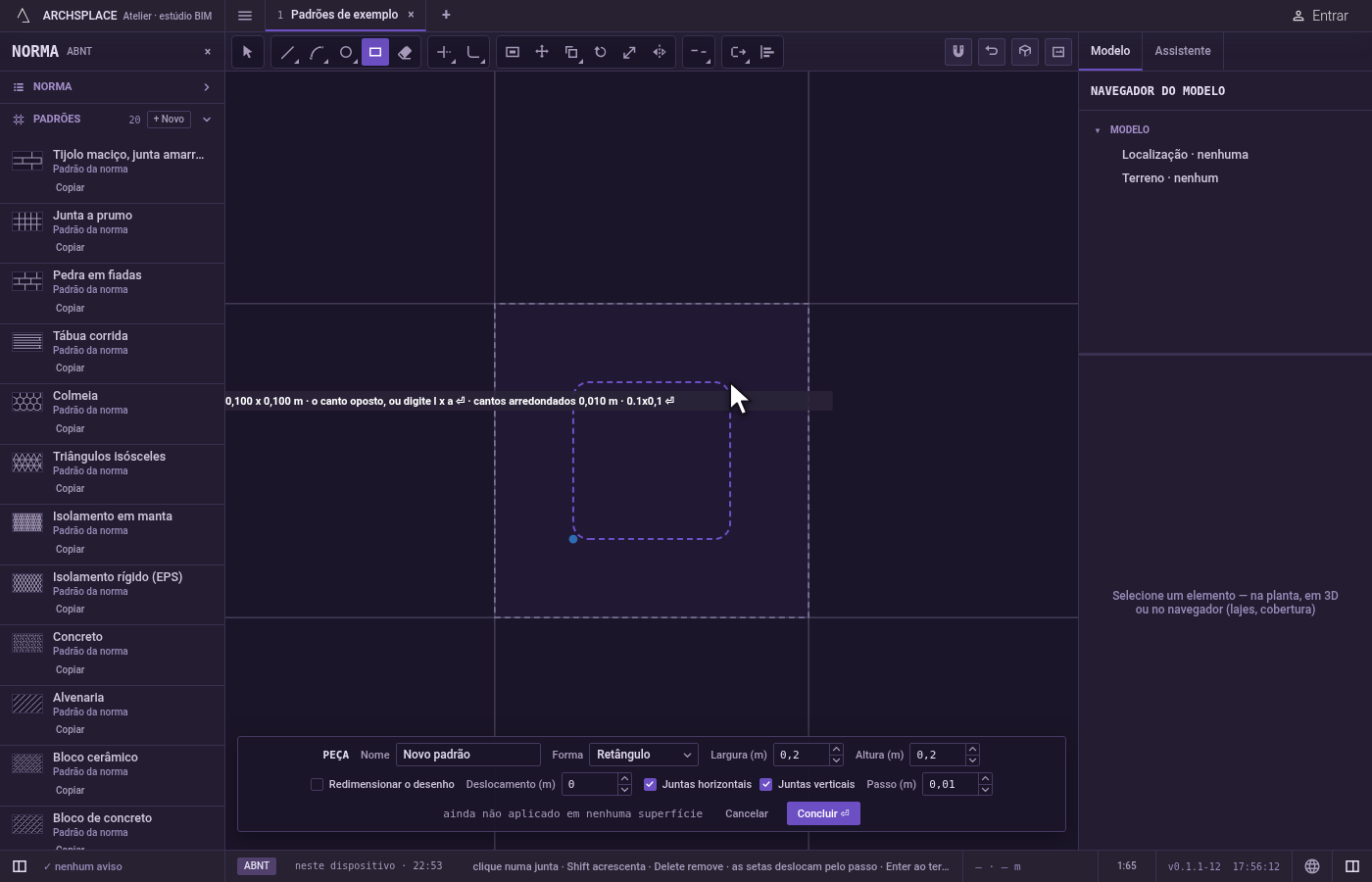 Coloque o canto oposto. Uma prévia do retângulo acompanha o cursor, e a dica mostra a largura e a altura dele.