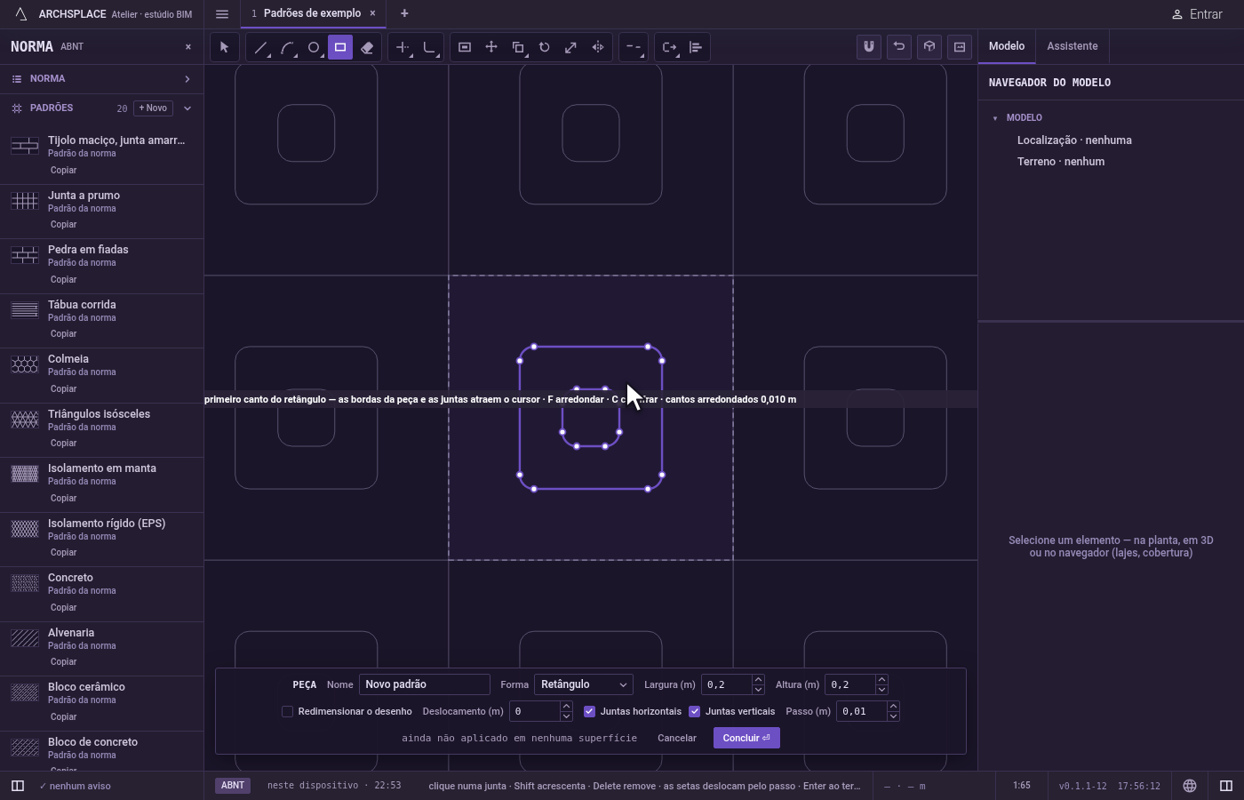 Trace o próximo. O retângulo fica, e a ferramenta espera um novo primeiro canto.