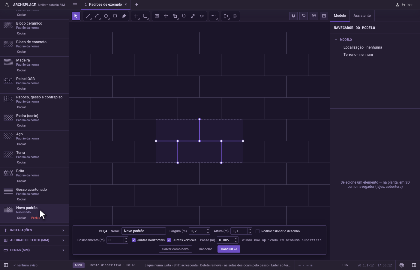 Abra o editor de peça. Clique em Editar a peça no painel Padrões, ou no painel de uma superfície que aplica o padrão, ou dê um duplo clique num padrão aplicado numa superfície, numa vista.