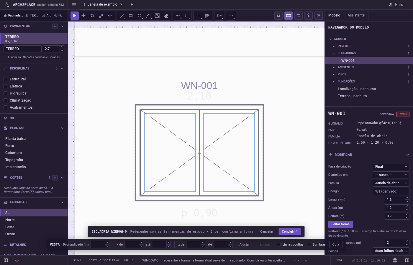 Abra o editor de esboço. Para uma janela ou uma porta, use Editar forma no painel dela ou no menu do botão direito, ou dê um duplo clique nela na planta, na vista 3D ou numa fachada.