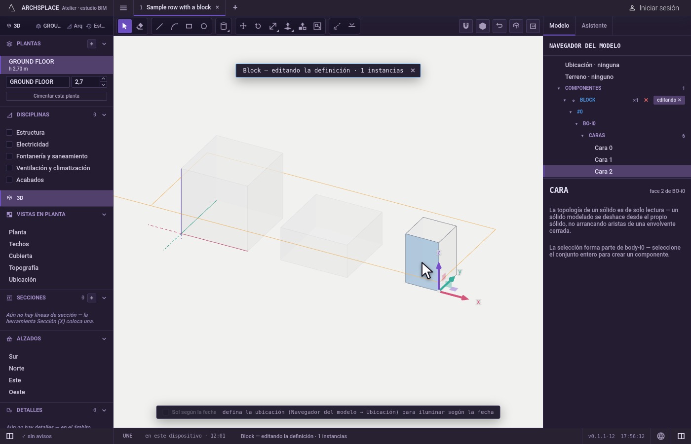 Abra lo que contiene más. Un doble clic en un componente lo abre: el resto del modelo se atenúa y un rótulo nombra el componente y cuántas copias de él hay en el proyecto.