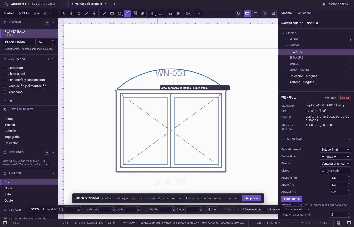 Siga trabajando. El arco se dibuja y queda seleccionado, y la herramienta espera el siguiente.