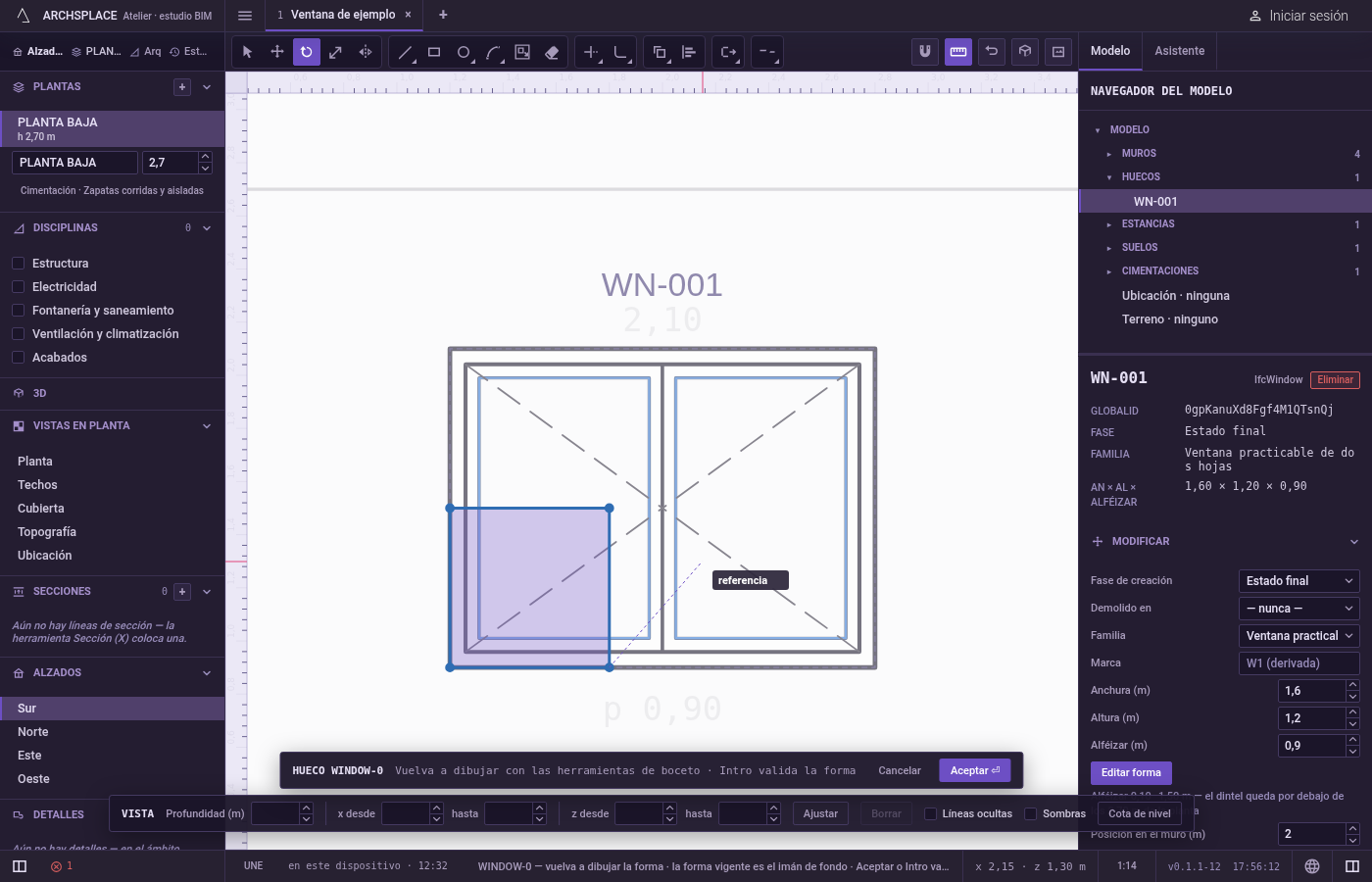 Haga clic en el centro. Se ajusta como cualquier punto del editor: esquinas, puntos medios, cruces, la forma vigente atenuada y las líneas de la vista.