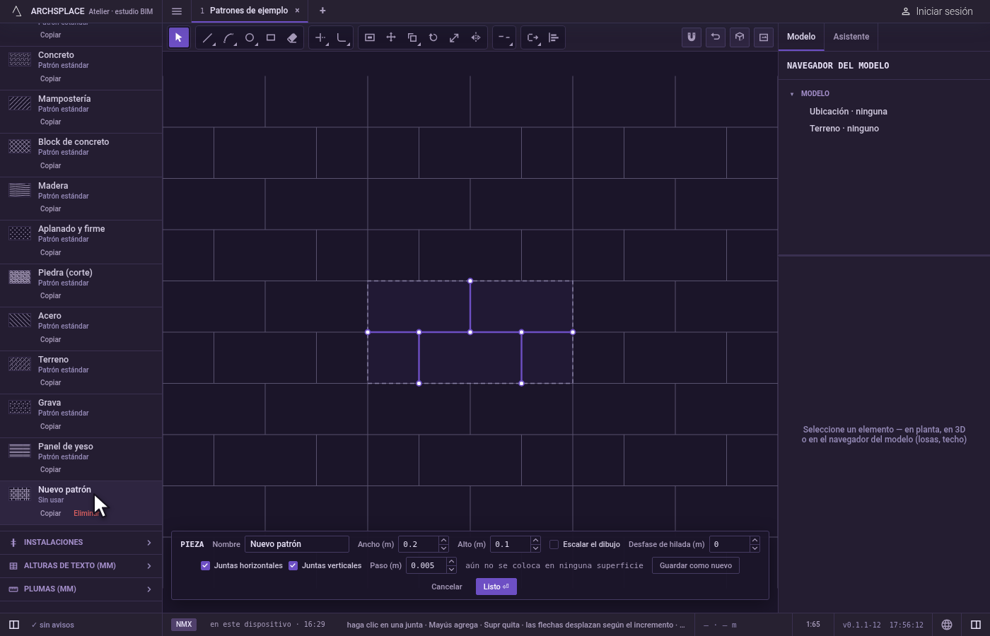 Abra el editor de piezas. Haga clic en Editar pieza en el panel Patrones, o en el panel de una superficie que coloca el patrón, o haga doble clic en un patrón colocado sobre una superficie en una vista.