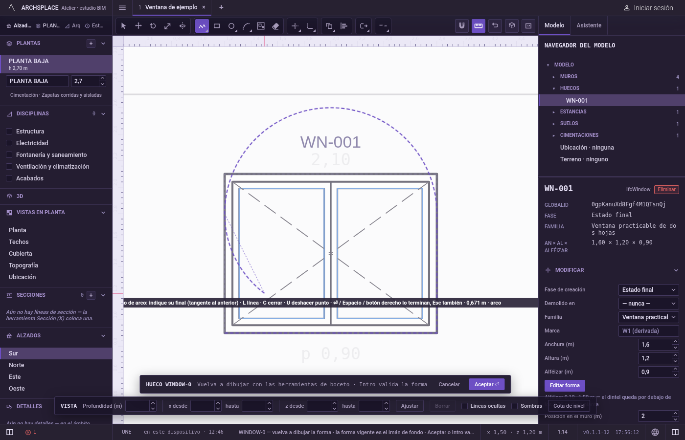 Pase a arcos y vuelva. A partir del segundo punto, pulse A: el tramo siguiente es un arco tangente al anterior, que termina donde hace clic, y la indicación muestra tramo de arco.