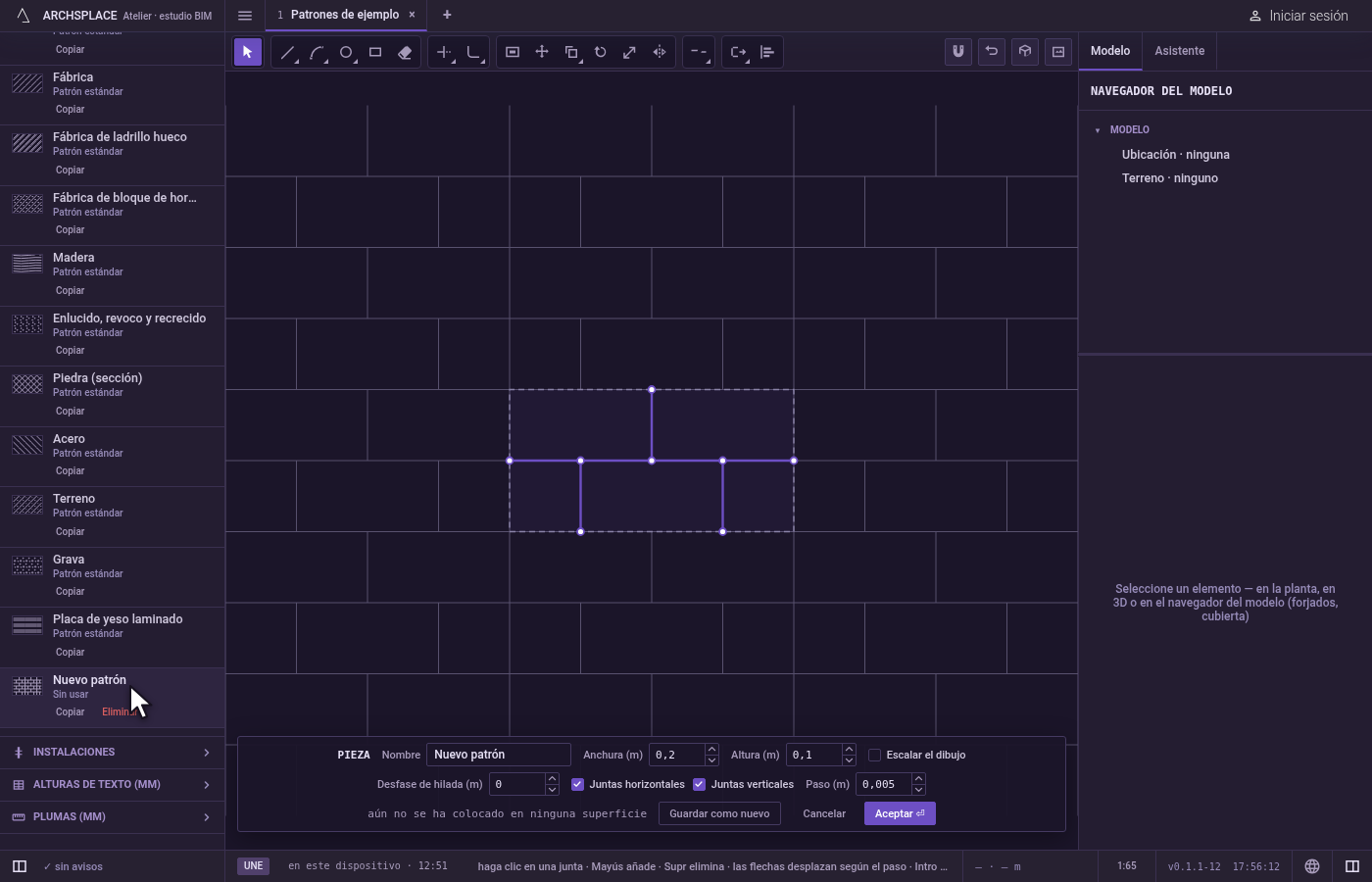 Abra el editor de piezas. Haga clic en Editar pieza en el panel Patrones, o en el panel de una superficie que coloca el patrón, o haga doble clic en un patrón colocado sobre una superficie en una vista.