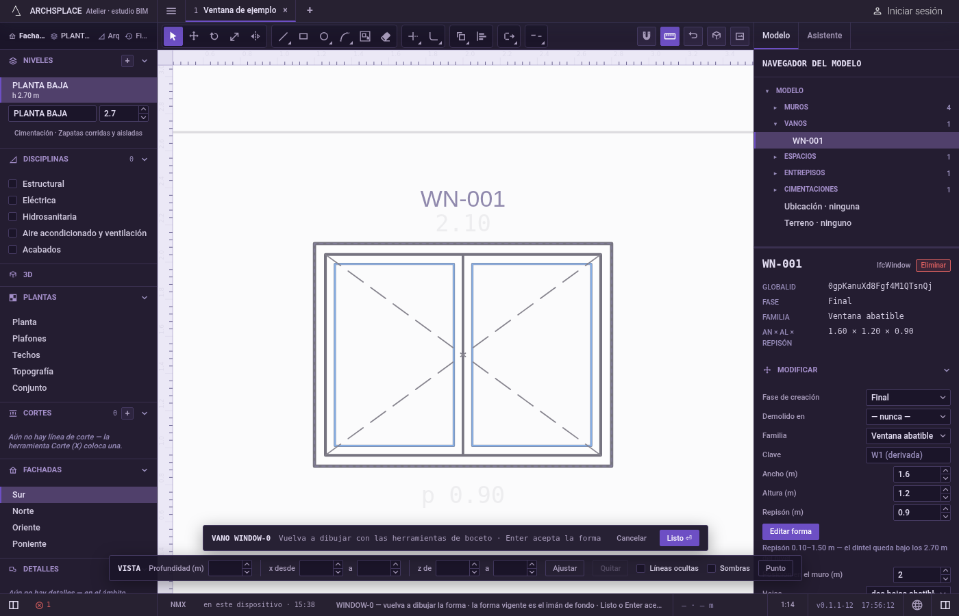 Abra el editor de bocetos. Para una ventana o una puerta, use Editar forma en su panel o en su menú del clic derecho, o haga doble clic en ella en la planta, en 3D o en una fachada.