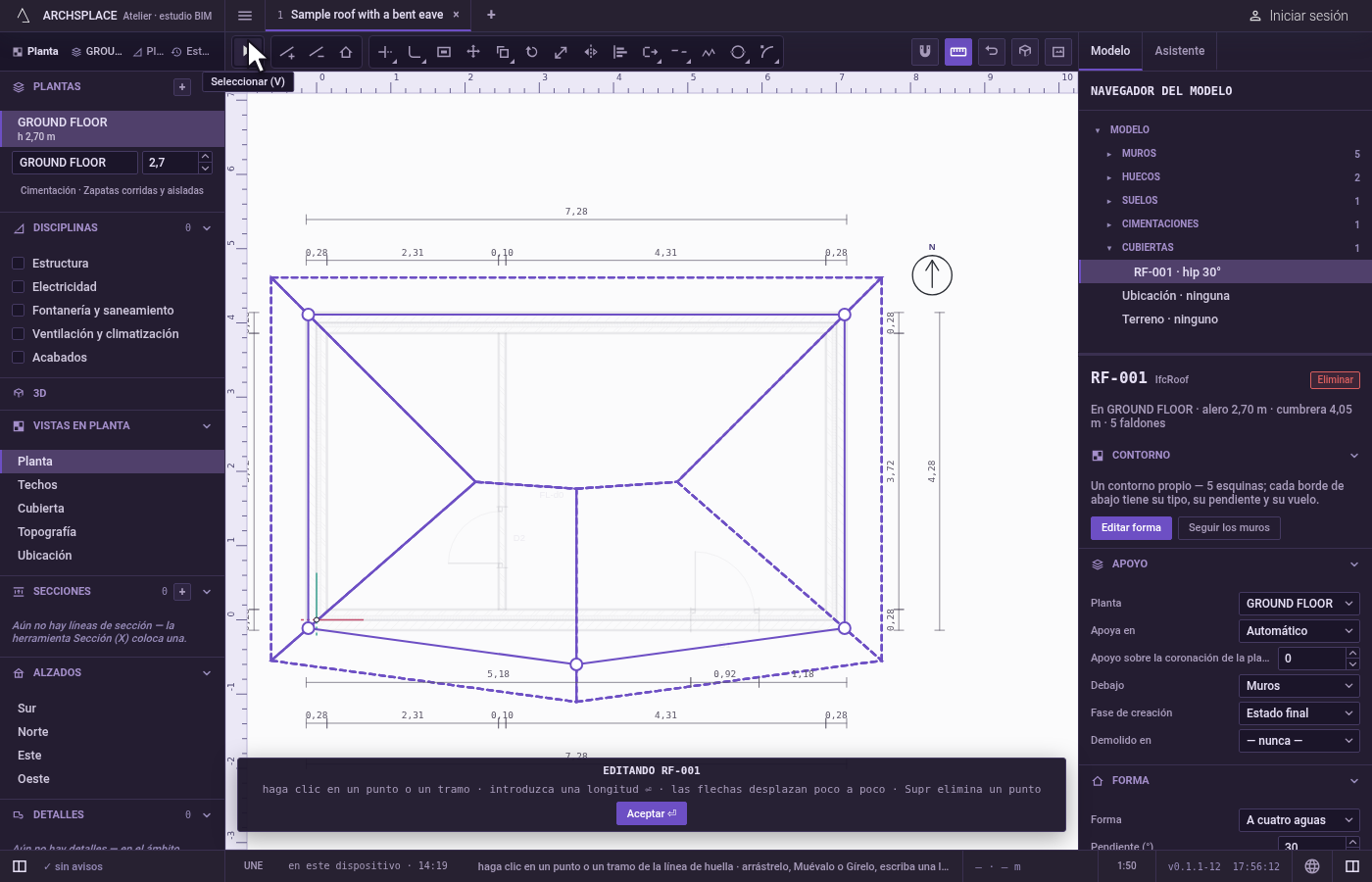 Abra el editor. Dibuje una cubierta con la herramienta Cubierta, en el grupo de construcción de la barra de la planta, haciendo clic en sus esquinas y cerrando en la primera: queda seleccionada, con su editor abierto.