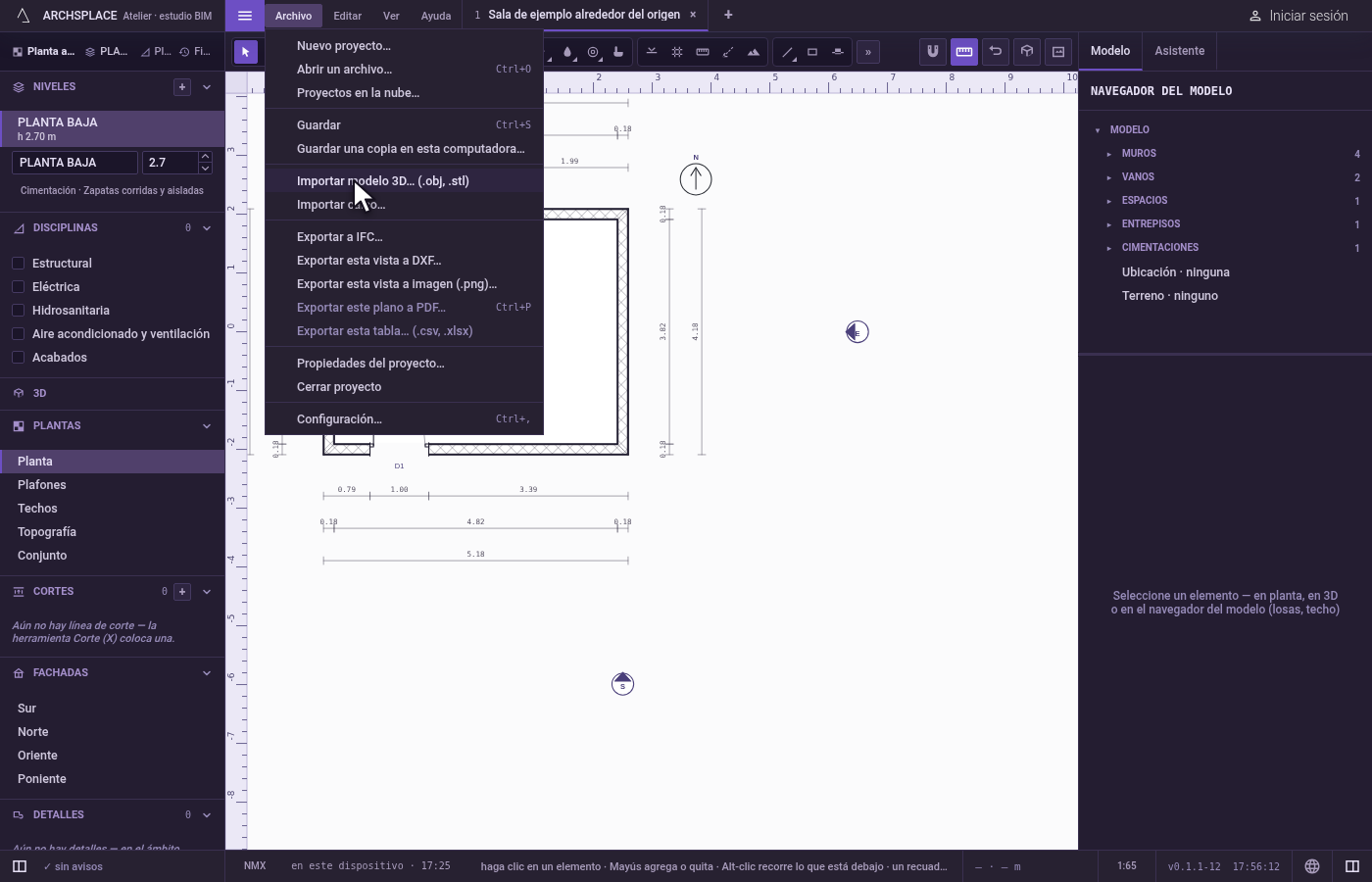 Abra la importación. Abra Archivo y haga clic en Importar modelo 3D… (.obj, .stl).