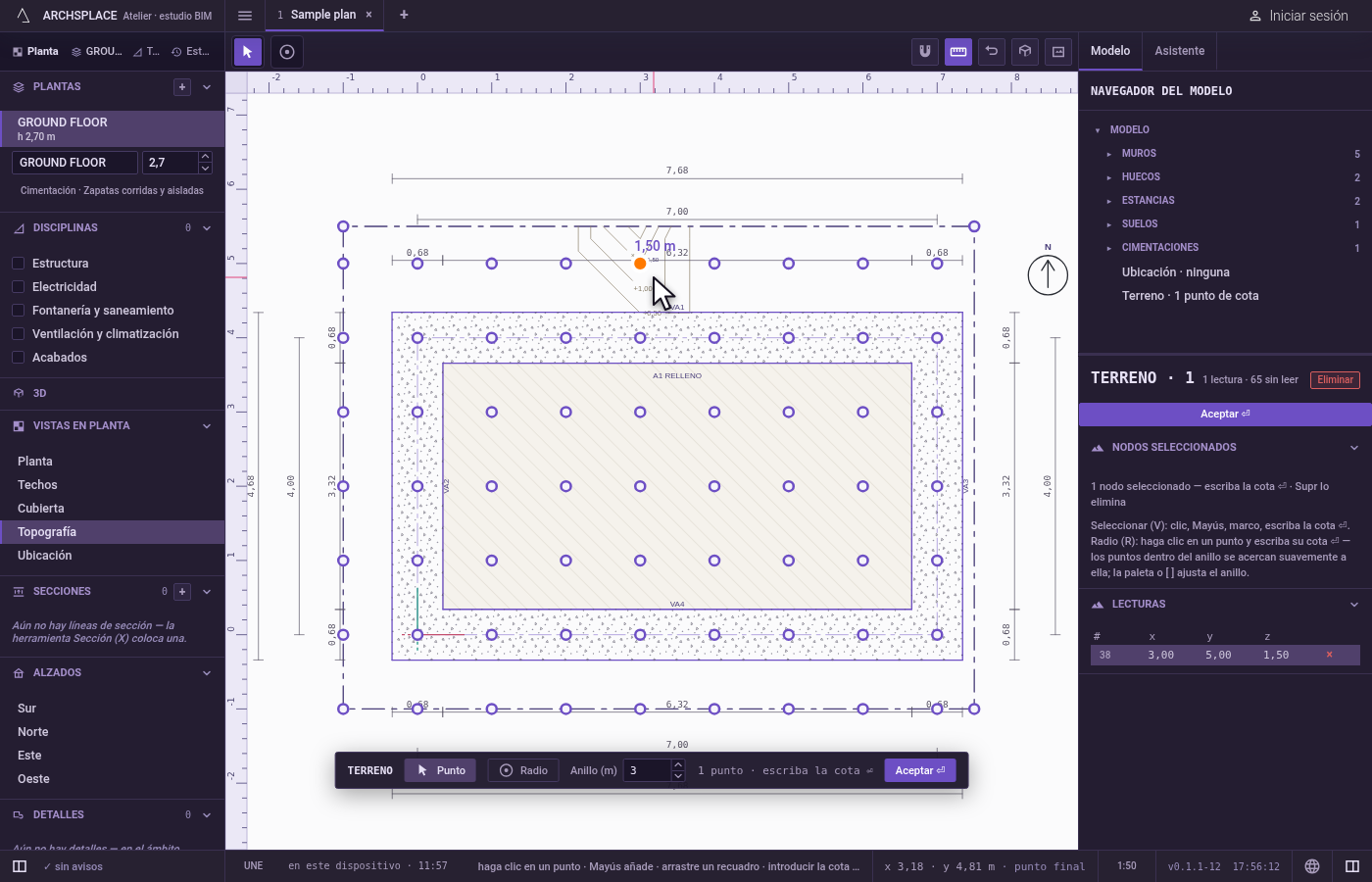Escriba las cotas. En el editor del terreno, haga clic en un punto y escriba su cota medida, y luego pulse Intro; Mayús y un clic, o un recuadro, toman varios puntos para una misma cota.