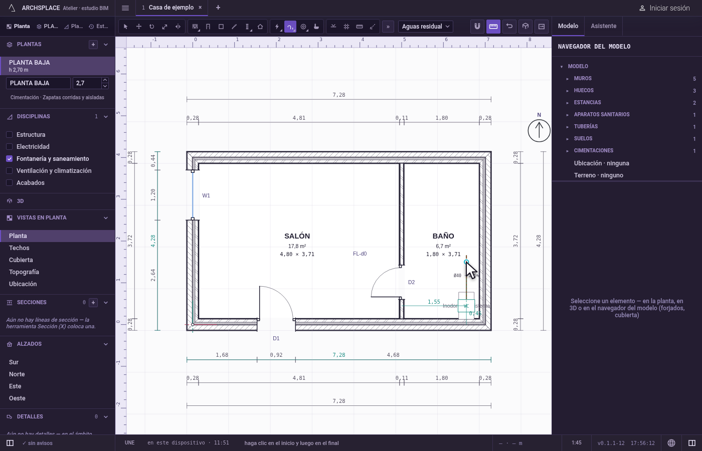 Haga clic en el final, o escriba la longitud. Haga clic donde termina la tubería, o escriba su longitud en las unidades del proyecto y pulse Intro para terminarla a esa distancia hacia el cursor.