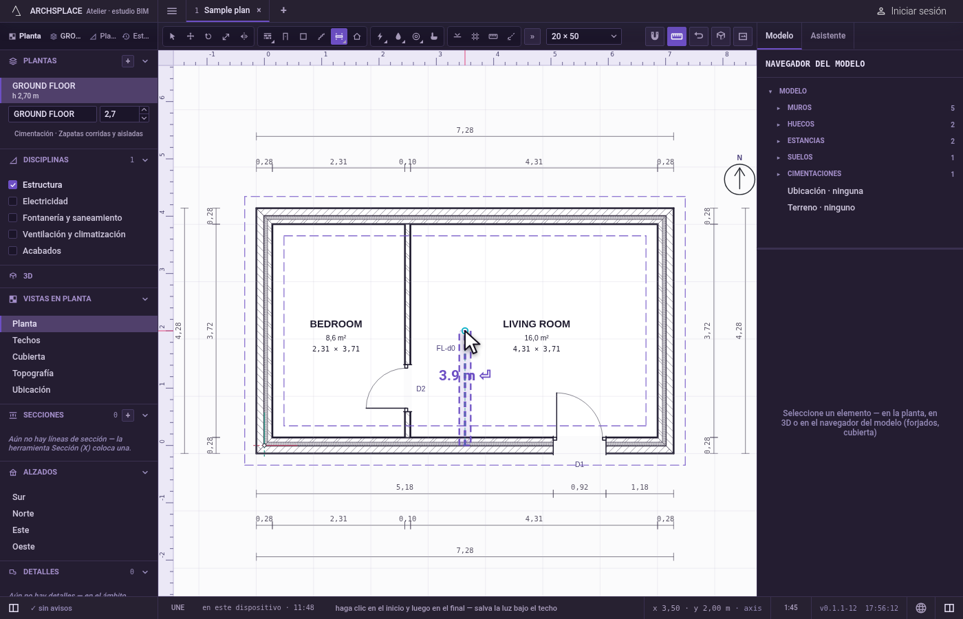 Haga clic en el final, o escriba la longitud. Haga clic donde termina la viga, o escriba su longitud en las unidades del proyecto y pulse Intro para terminarla a esa distancia hacia el cursor.