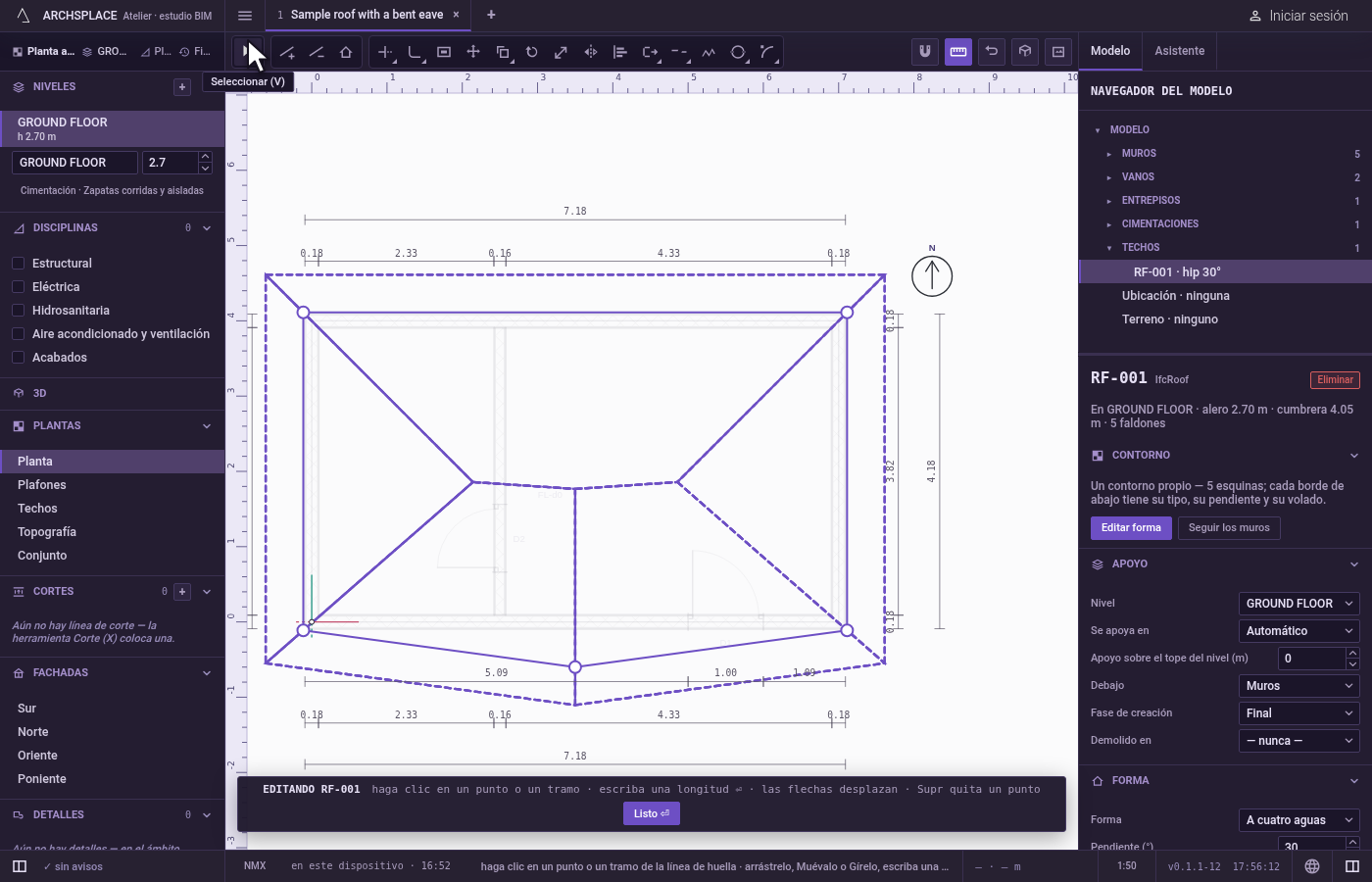 Abra el editor. Dibuje un techo con la herramienta Techo, en el grupo de construcción de la barra de la planta, haciendo clic en sus esquinas y cerrando en la primera: queda seleccionado, con su editor abierto.