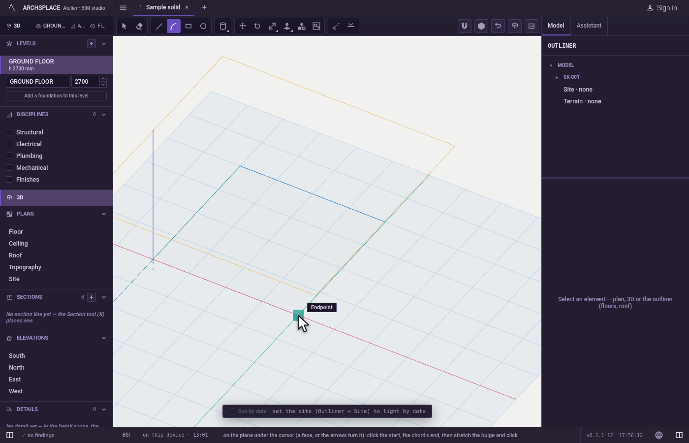 Click the start. The click fixes the plane through that point.