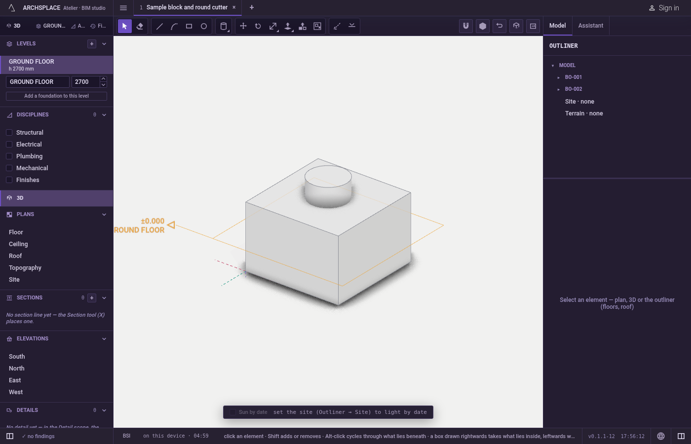 Place the cutter. Model the cutting solid, for example with Sphere, Cylinder or Push/Pull, and move it where it overlaps what should be cut.