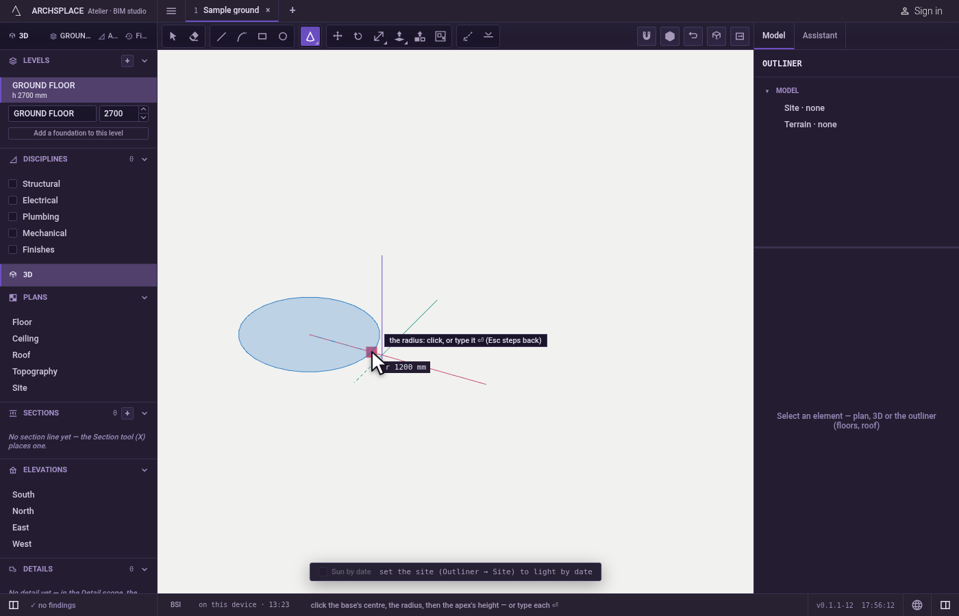 Set the radius. It is read on the level plane through the centre; the readout gives it.
