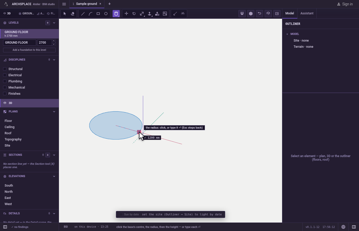 Set the radius. It is read on the level plane through the centre; the readout gives it.