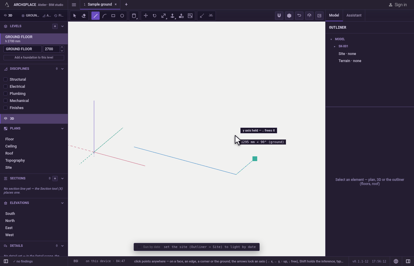Hold a direction when you need it. Press → to hold the x axis, ← for the y axis, ↑ for the vertical, and ↓ to free it; the hint says which axis is held.