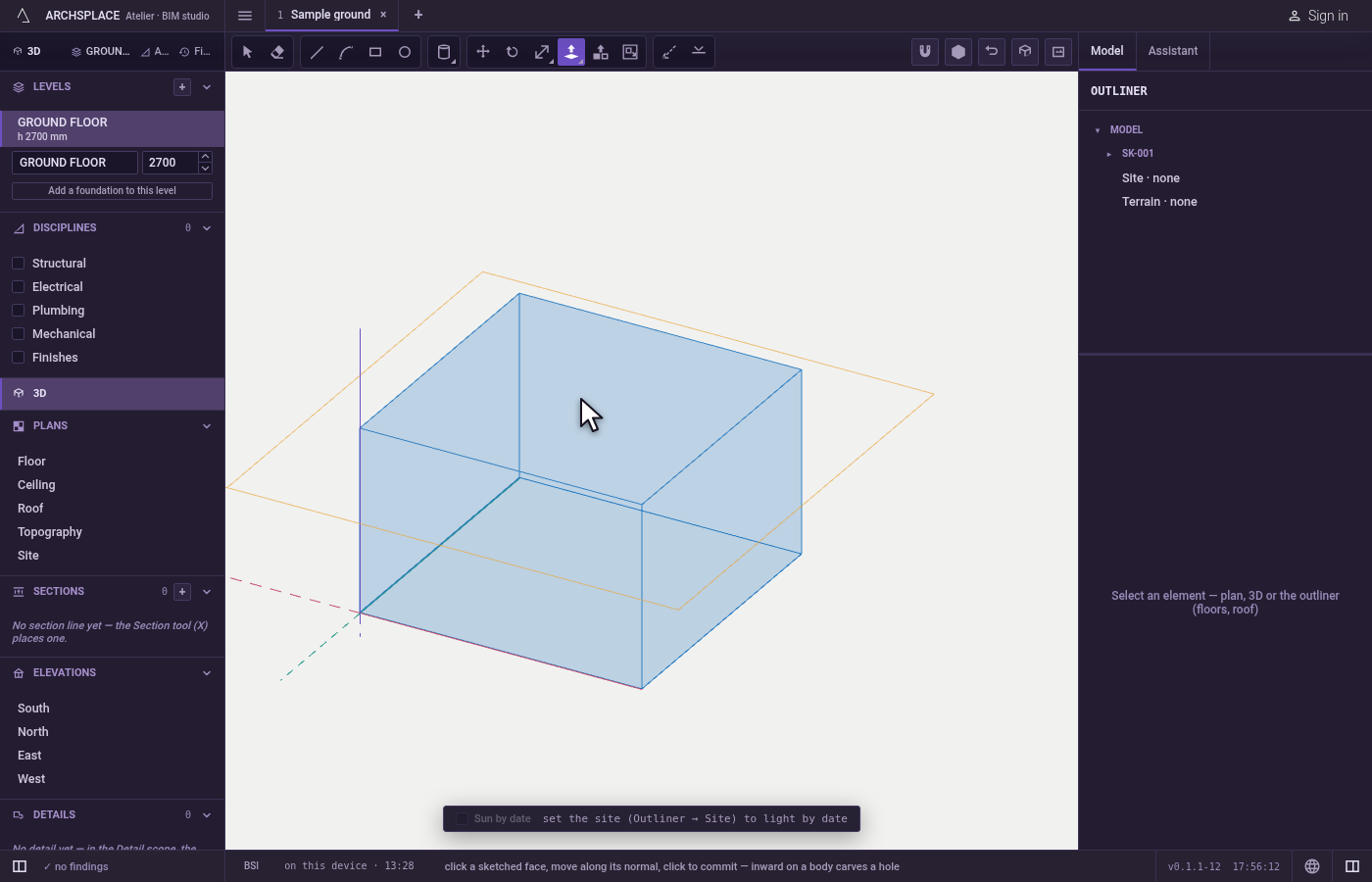 Move along its direction. The face follows the pointer square to its plane.