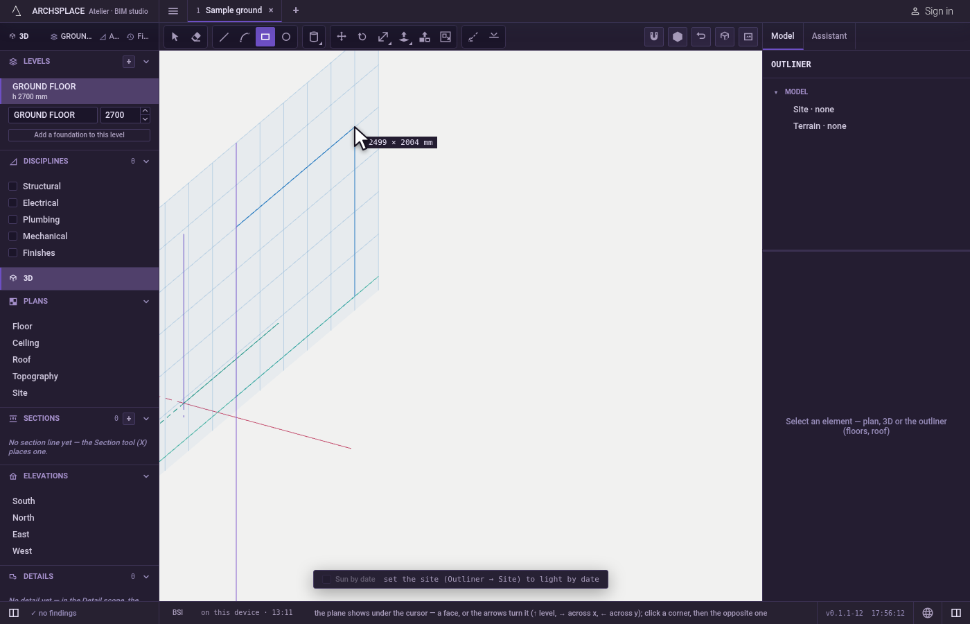 Click the opposite corner. The rectangle follows the pointer, and the readout gives its width and its height.