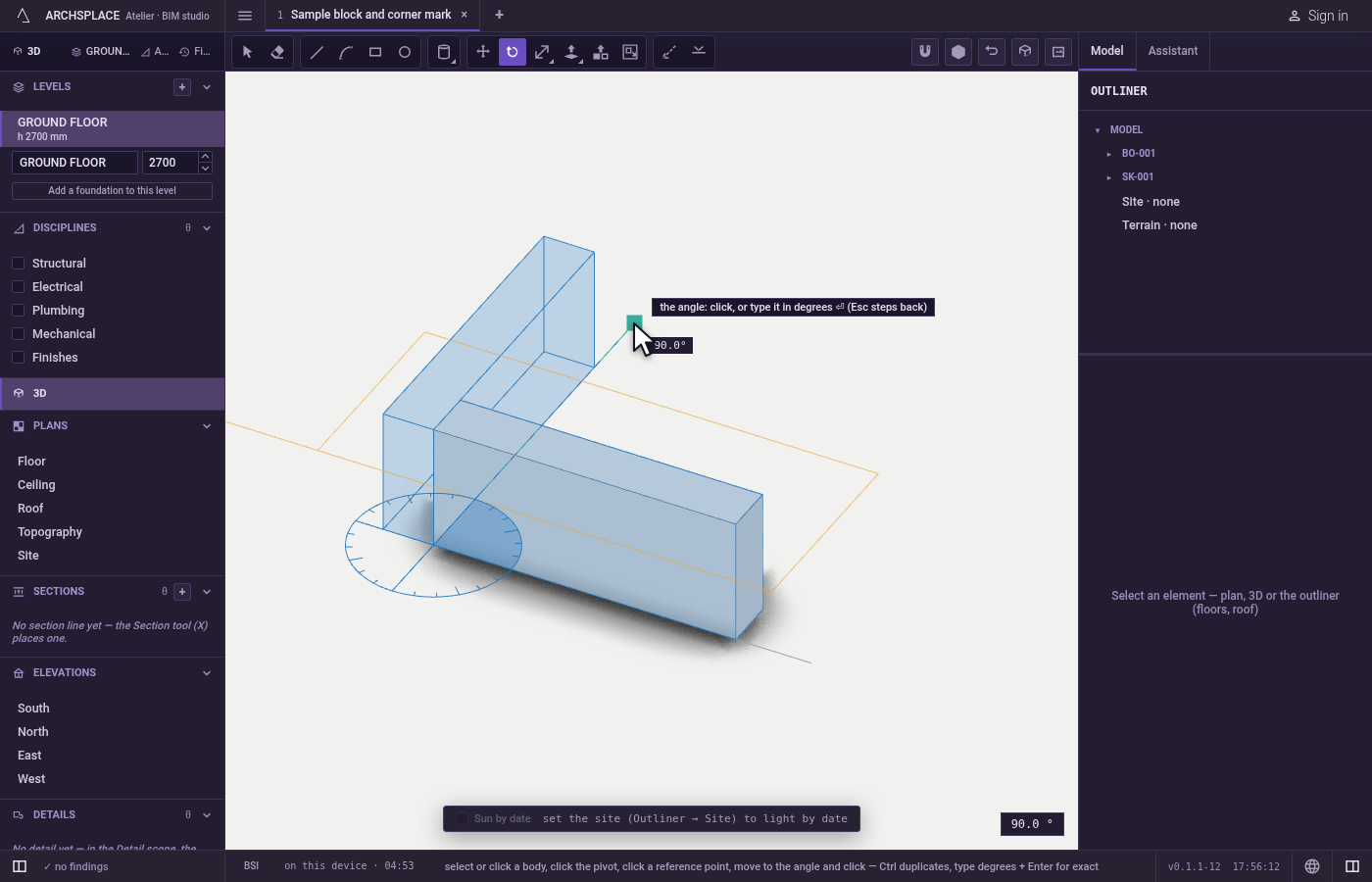 Turn and click. Move to the new direction and click, or type the angle in degrees and press Enter.