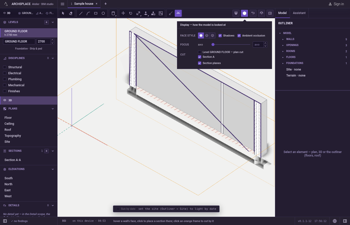 Adjust the section later. With Select, drag the flag of its symbol to slide it along its axis; with Move, click its frame, move and click, or type a distance.