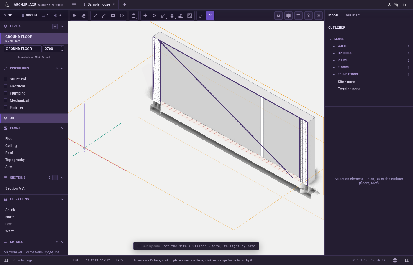 Click. On a face, the section is placed and the model is cut at once.