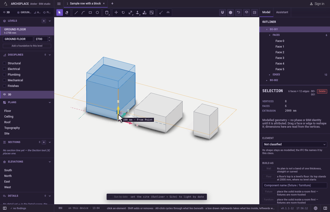 Use the handles on what you hold. With something selected, arrows and squares stand on it: click an arrow, then click where the selection lands, or type a distance and press Enter; a square moves it in its plane.