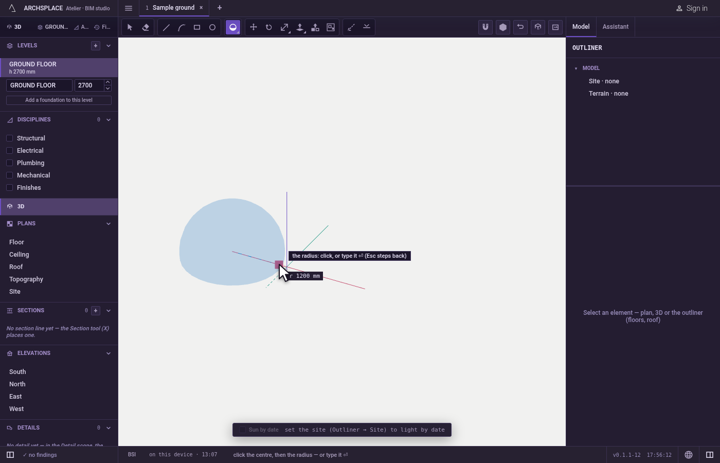 Set the radius. Move away from the centre: the radius is read on the level plane through the centre, the ghost of the sphere grows, and the readout gives the radius.