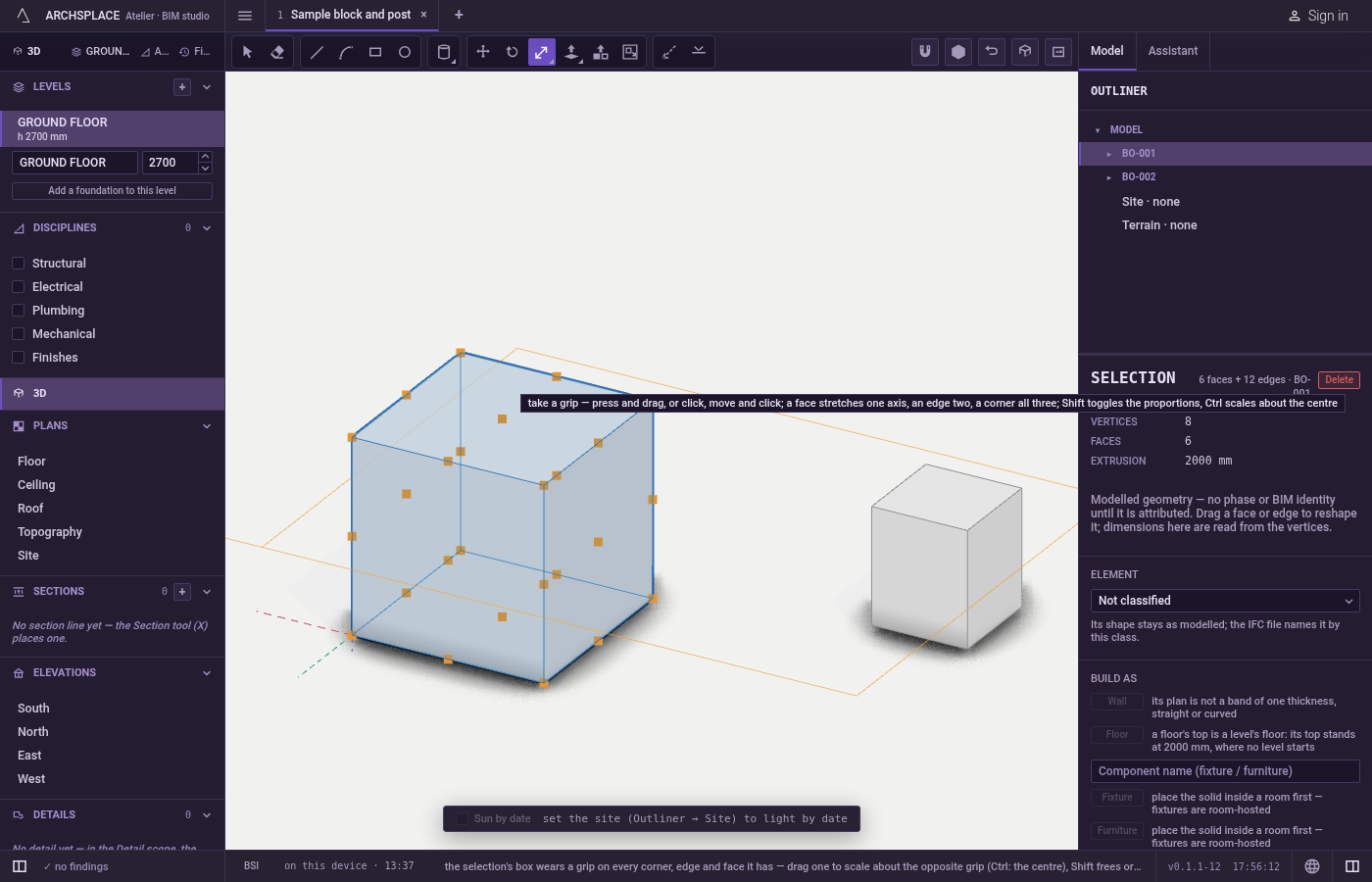 Choose what changes. Select it, or take the tool and click a body, a wall or a component: the click selects it and its box appears.