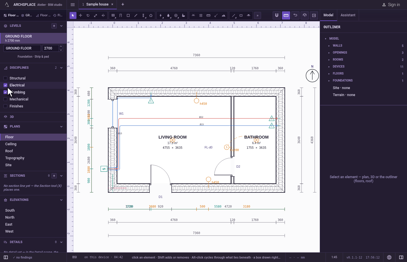 Tick the overlays. In the navigator, the Disciplines list has one tick box per overlay: Structural, Electrical, Plumbing, Mechanical and Finishes.