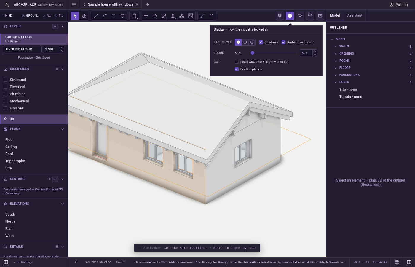 Open the menu. Click the Display button on the bar of the 3D view, or choose View, Display….