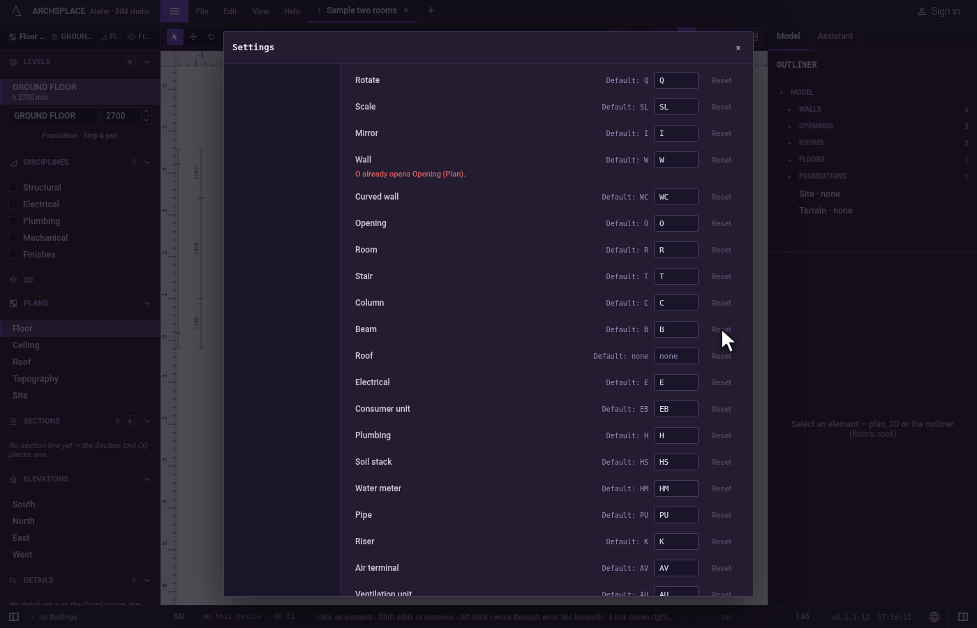 Reset one tool. Click Reset in the Beam row.