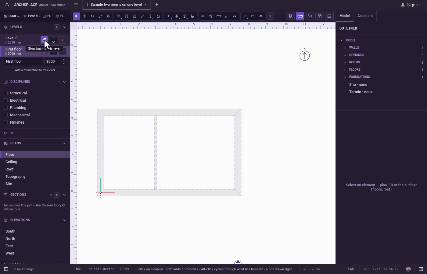 Trace the level below. On the first floor's plan, Level 0 is drawn faintly under it and the magnet catches its walls.