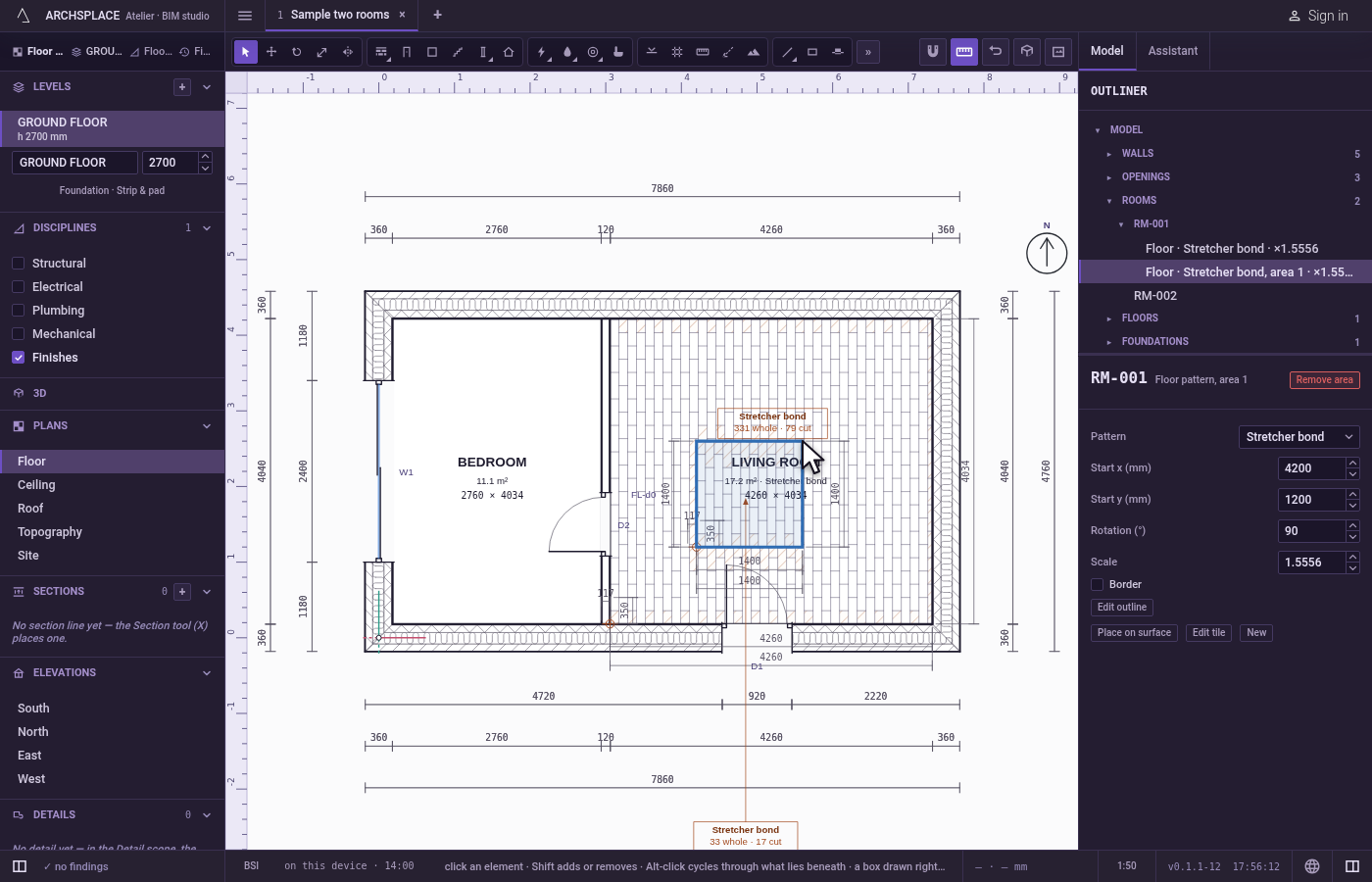 Add an area. In the room's panel, click Add floor area, draw the area's outline in the sketch editor and click Done.