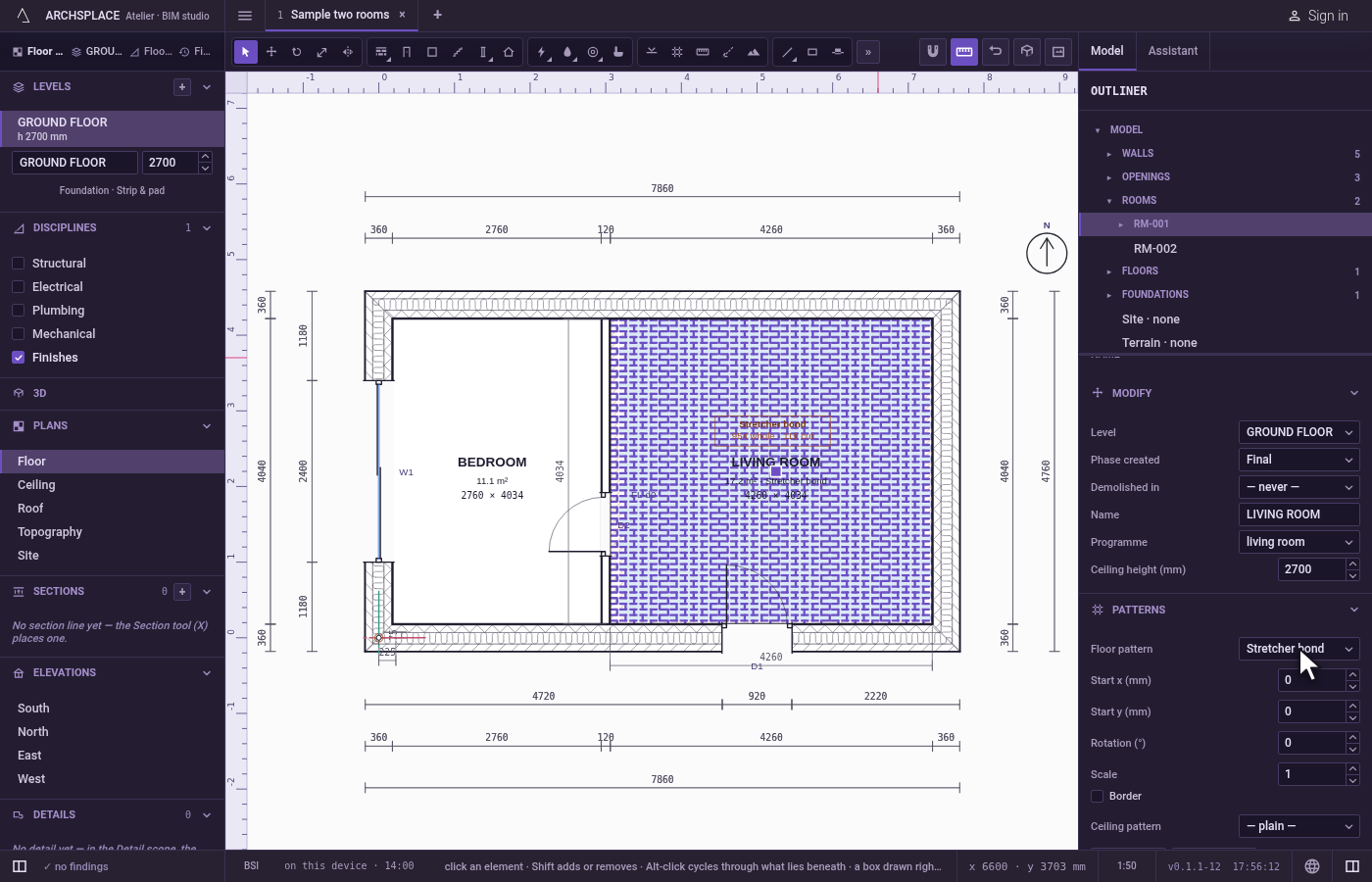 Lay a floor pattern. Select a room, open Patterns in its panel and choose a pattern in Floor pattern.