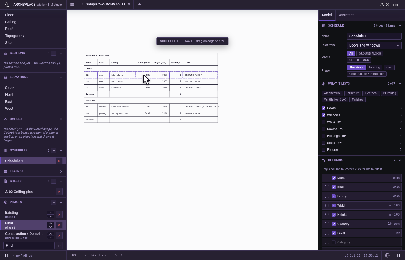 Change a width. Double-click a door's width in the table and type 0.9, then press Enter.