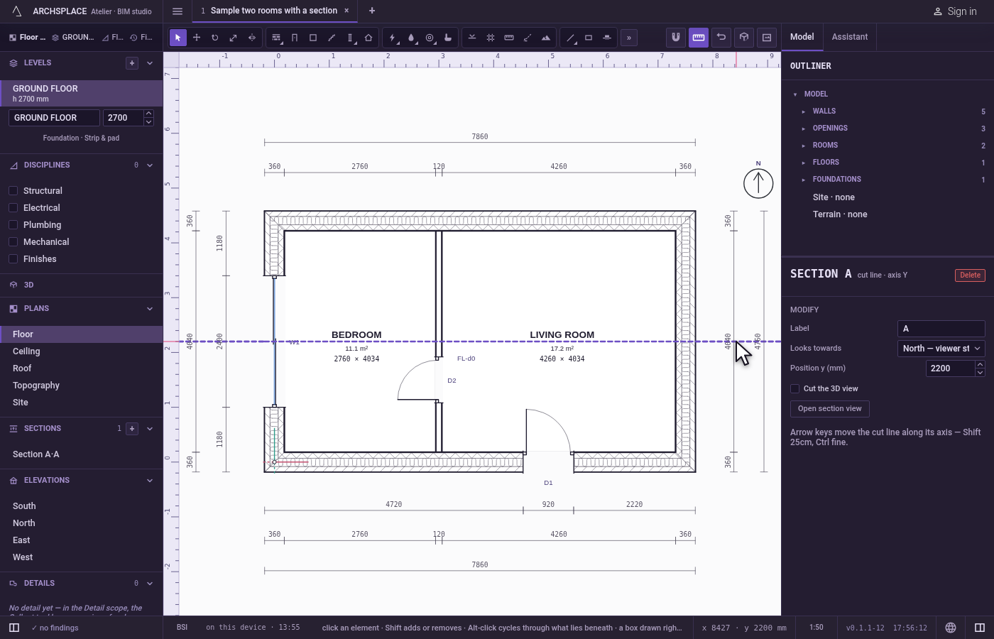 Select the section. On the plan, click the cut line of section A.