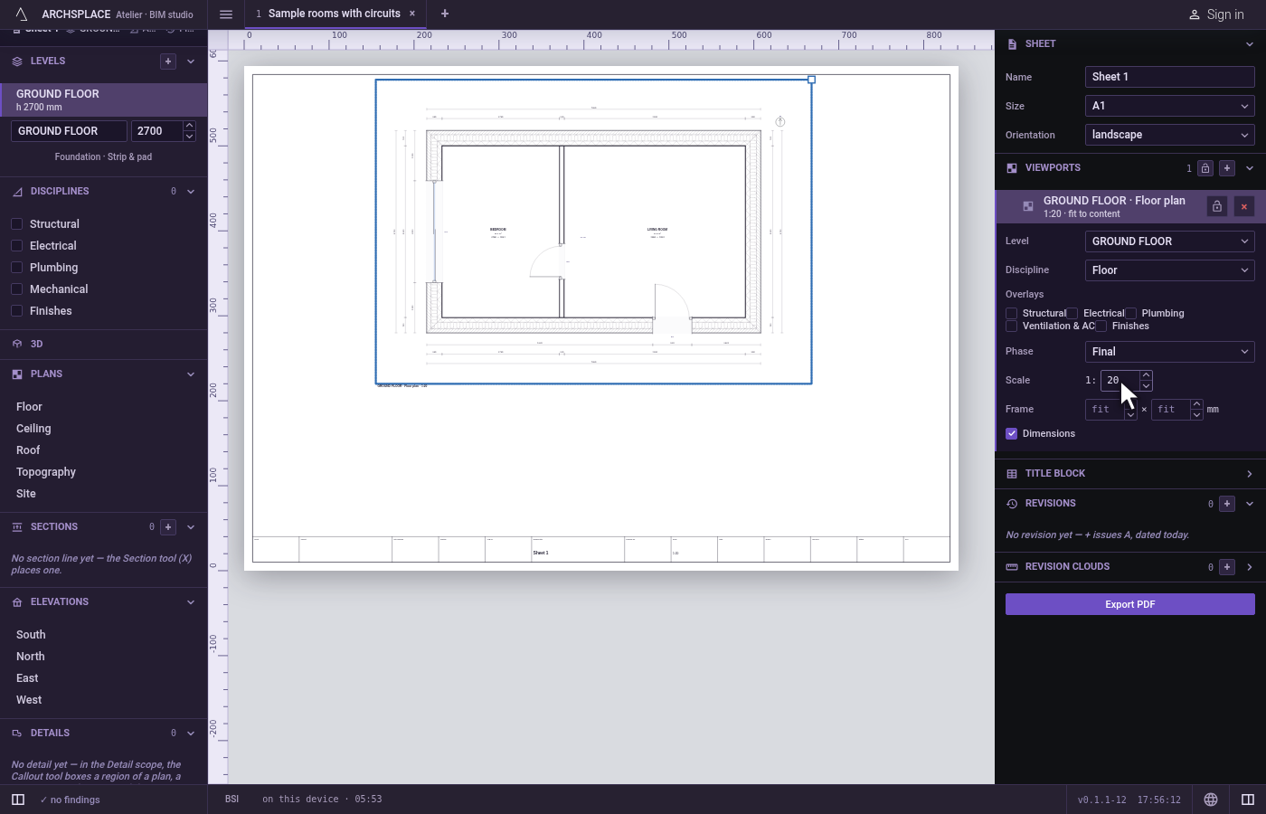 Set its scale. Click the viewport's row, and in its card type 20 in Scale.