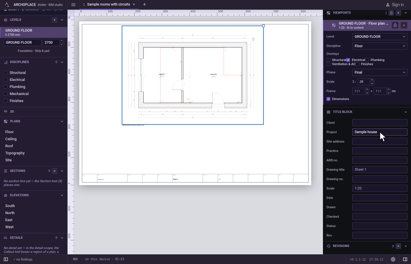Fill in the title block. Open Title block, type the project's name in Project and press Enter.