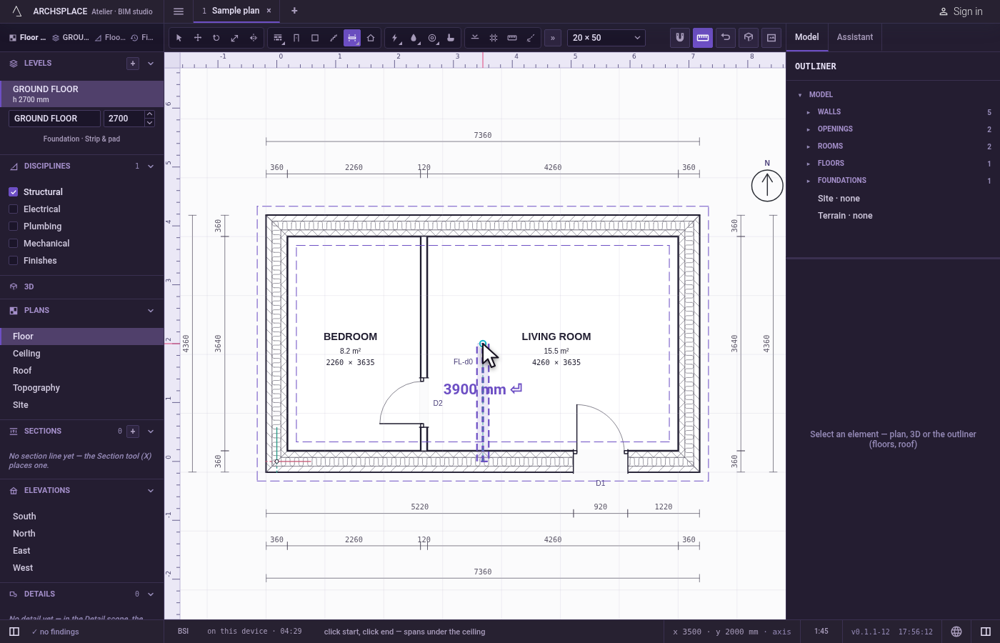 Click the end, or type the length. Click where the beam ends, or type its length in the project's units and press Enter to end it that far towards the cursor.