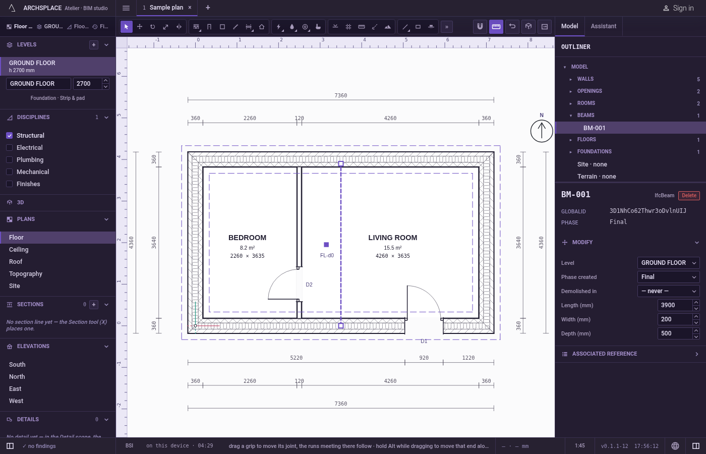 Adjust it in its panel. Select the beam with Select to type its width, its depth or its length.