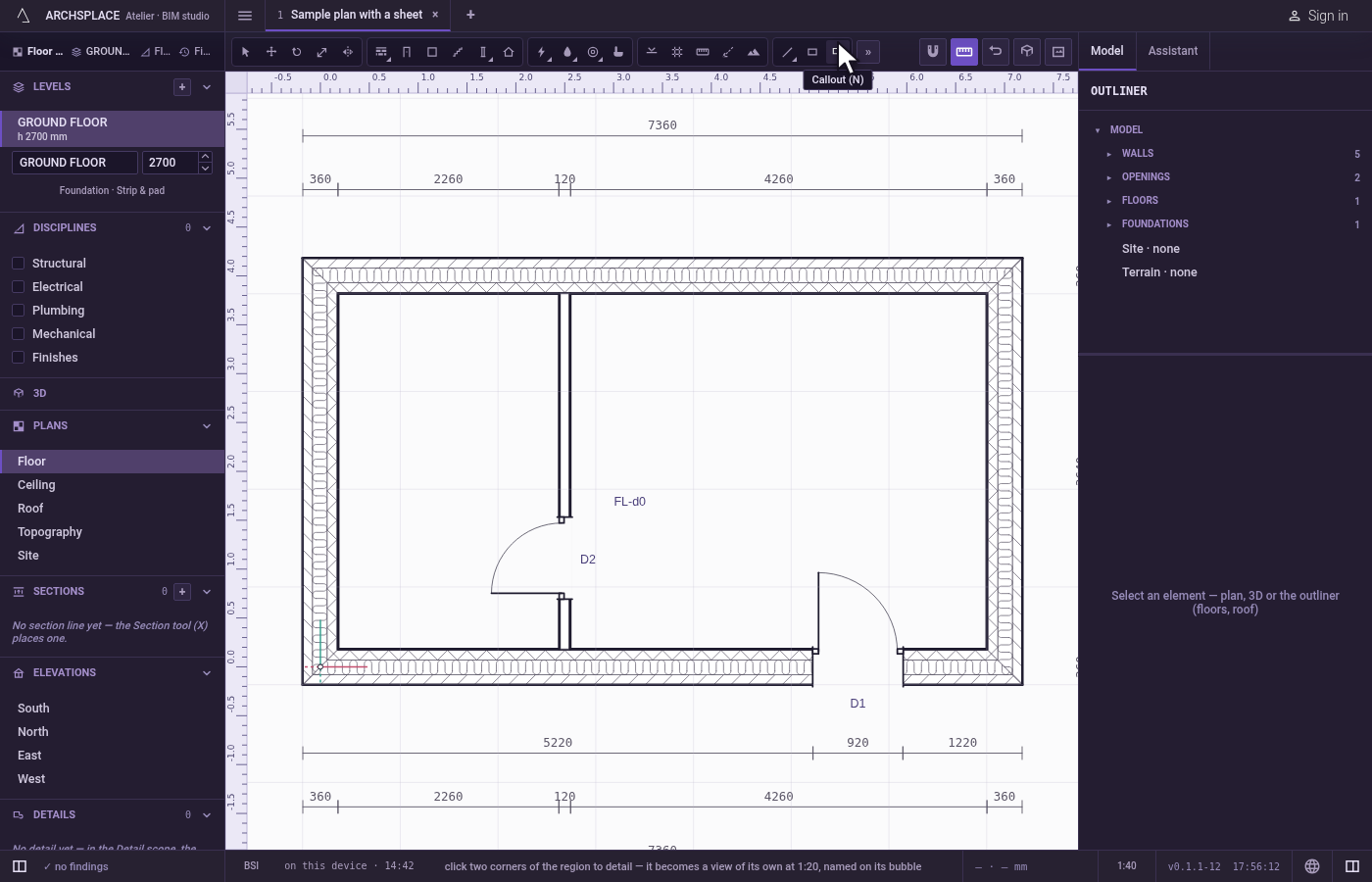 Open the view and arm the tool. Open a section, an elevation or a plan, then press N, or click Callout, the last tool of the detail group.