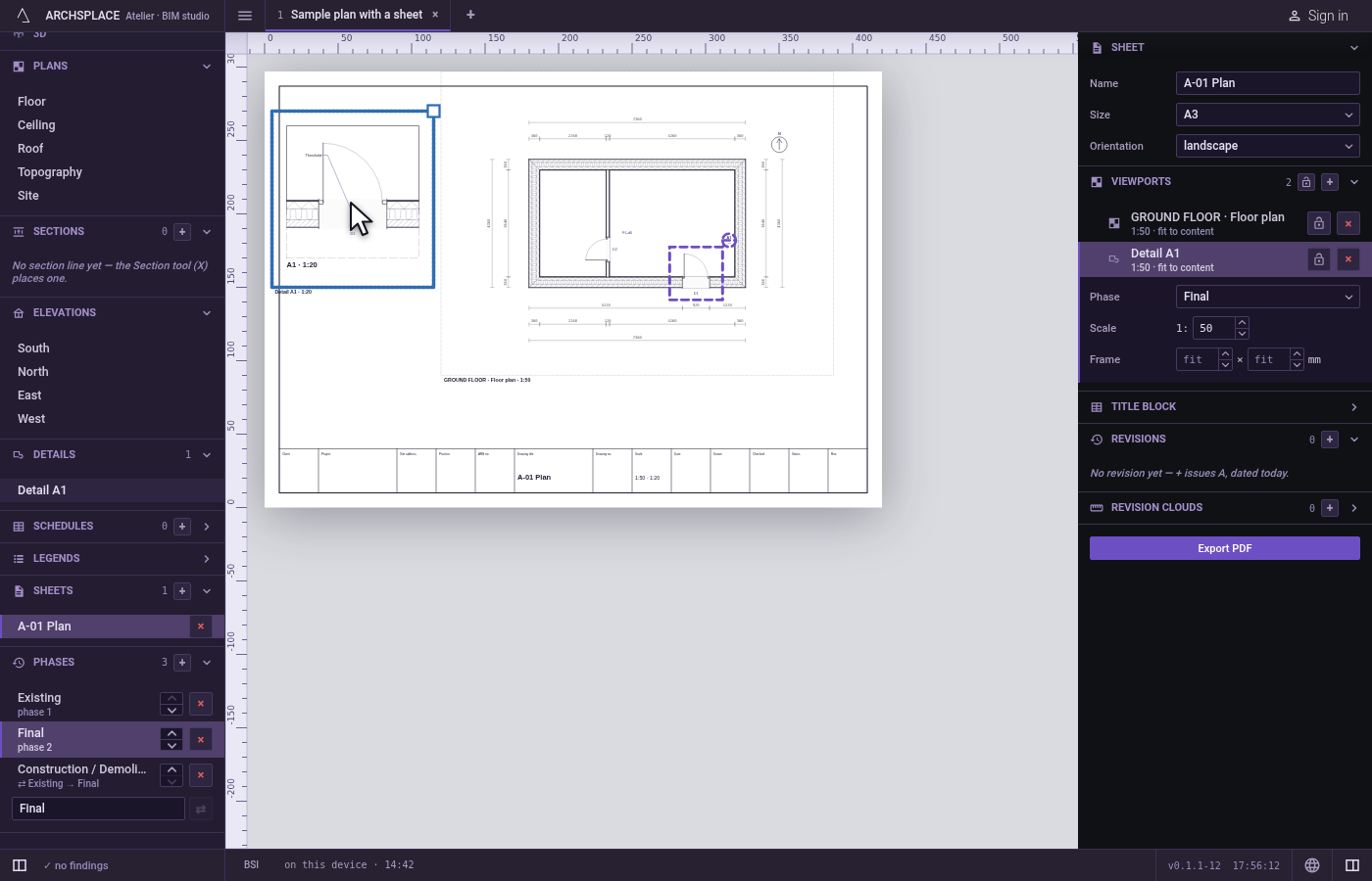 Place it on a sheet. Open a sheet, then drag Detail D1 from Details in the sidebar onto it.