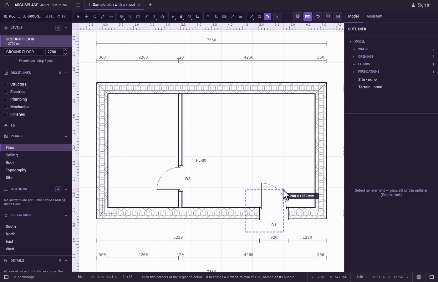 Click the first corner of the region. Every line of the drawing pulls the pointer onto its corners, middles and edges.