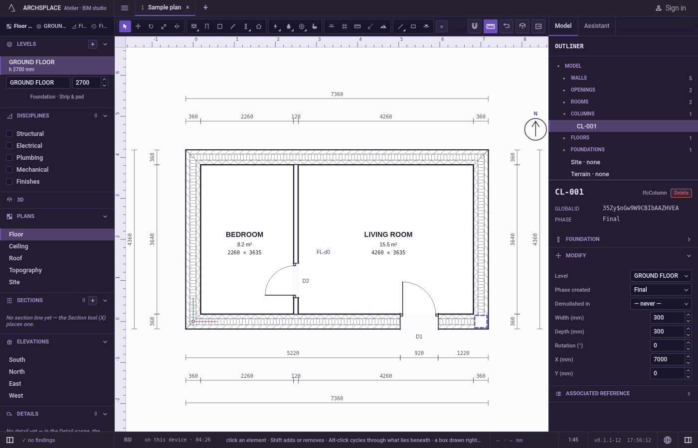 Adjust it in its panel. Select the column with Select to type its width, its depth, its rotation in degrees, and the X and Y of its centre.