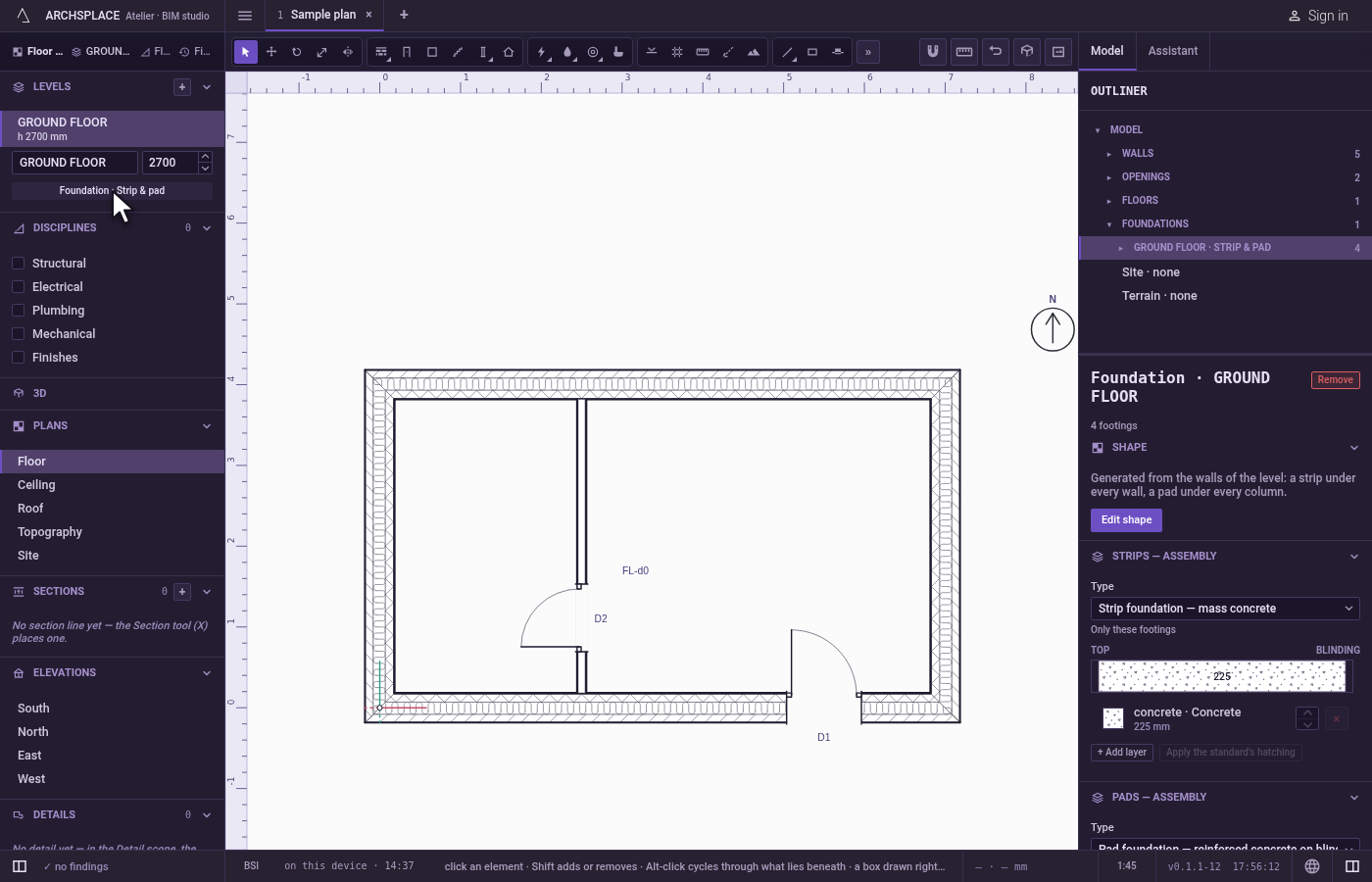 Found the level. In the sidebar, with the level open, click Foundation · Strip & pad, the foundation button of the level (a level with no foundation offers Add a foundation to this level in its place, and that button makes one the same way).