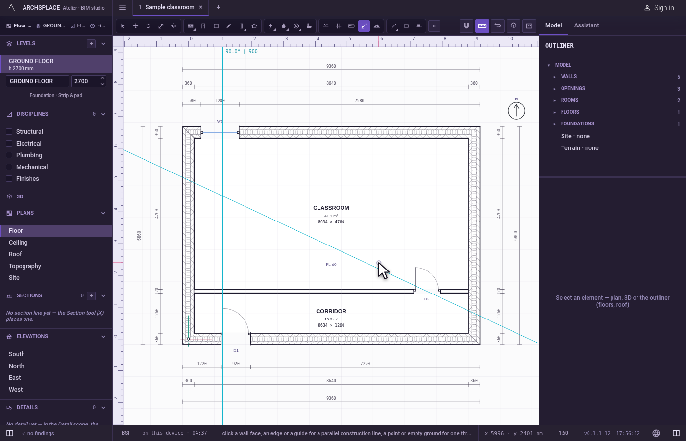 Or, through a point: show or type the direction. The line turns about the point towards the cursor, and the label reads its angle.
