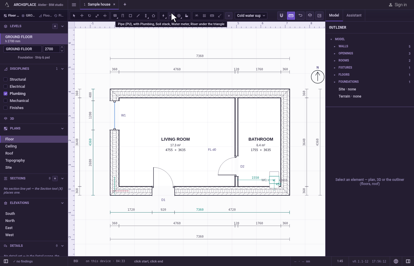 Take the tool. Type P then U quickly, or pick it on the toolbar, where it shares a button with the other plumbing tools.