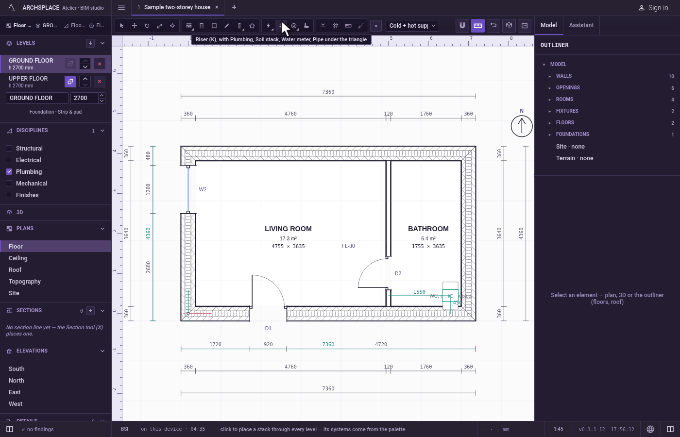 Take the tool. Press K, or pick it on the toolbar, where it shares a button with the other plumbing tools.